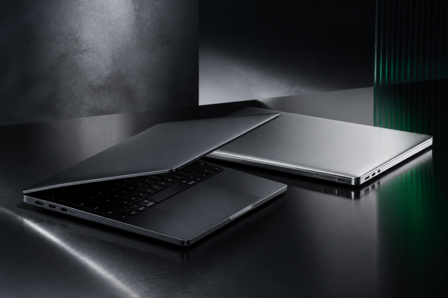 مجموعه MacBook نقره ای و مشکی در استودیوی تیره